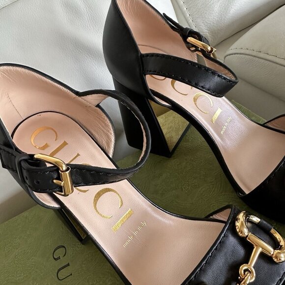 NEW GUCCI JUMBO HEELS HORSEBIT BLACK LEATHER GOLD SZ 38.5 Sandals Shoes - Picture 5 of 13